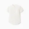 Linen and cotton short sleeve shirt with pocket for baby boys, white