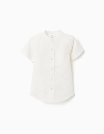 Linen and cotton short sleeve shirt with pocket for baby boys, white