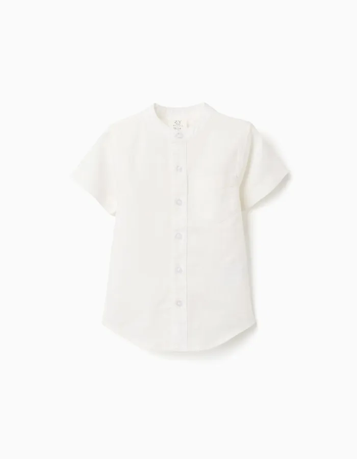 Linen and cotton short sleeve shirt with pocket for baby boys, white