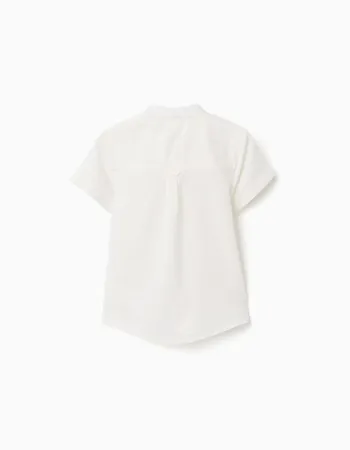 Linen and cotton short sleeve shirt with pocket for baby boys, white