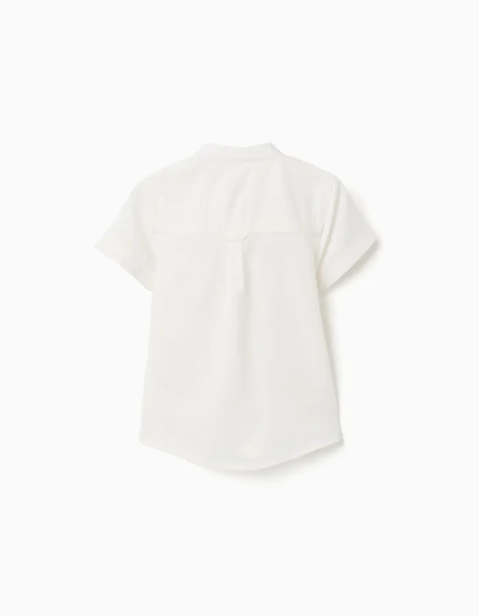 Linen and cotton short sleeve shirt with pocket for baby boys, white