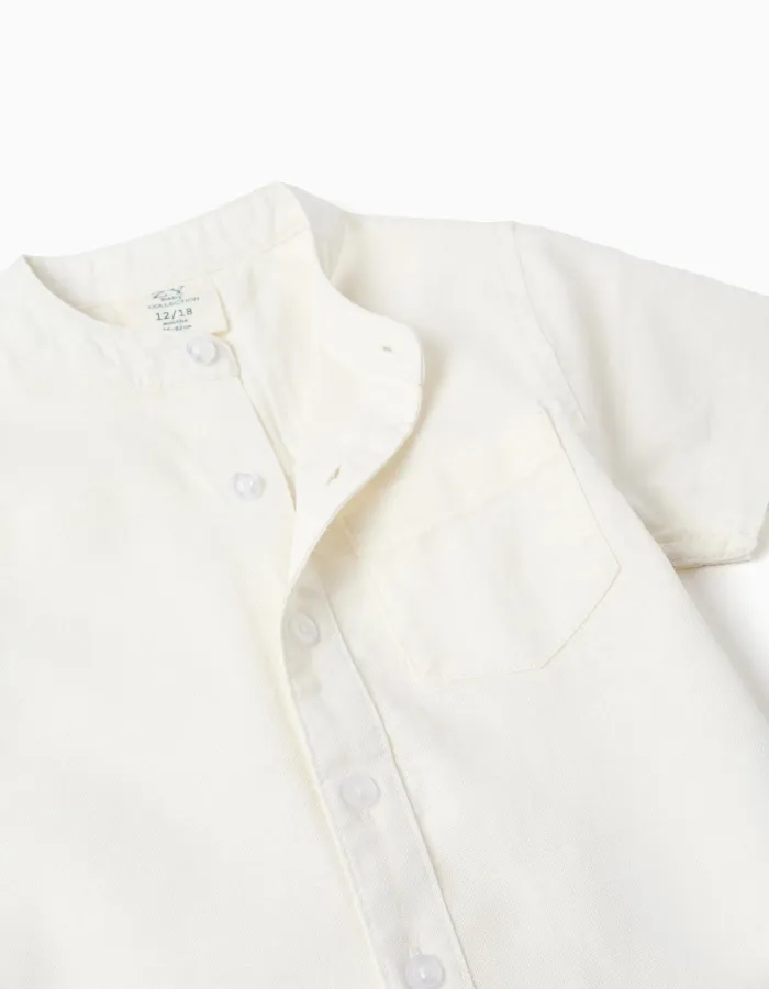Linen and cotton short sleeve shirt with pocket for baby boys, white