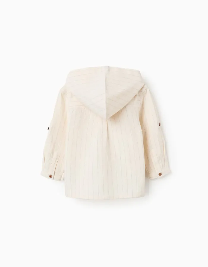 Long sleeve striped shirt in linen with hood for baby boys, light beige