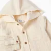 Long sleeve striped shirt in linen with hood for baby boys, light beige