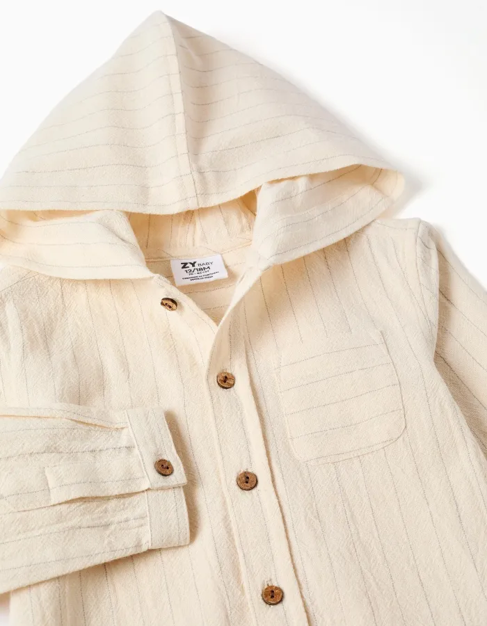 Long sleeve striped shirt in linen with hood for baby boys, light beige