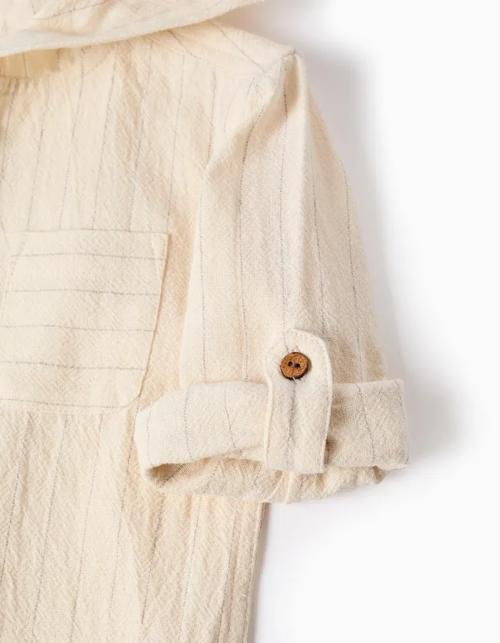 Long sleeve striped shirt in linen with hood for baby boys, light beige