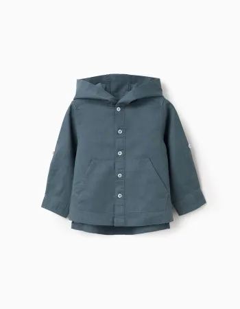 Long sleeve shirt in linen and cotton with hood for baby boys, blue-grey