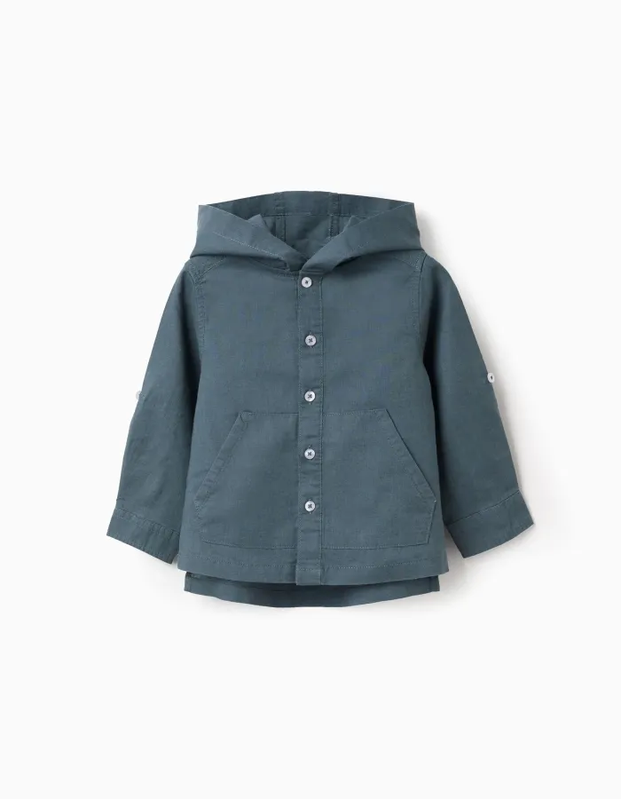 Long sleeve shirt in linen and cotton with hood for baby boys, blue-grey