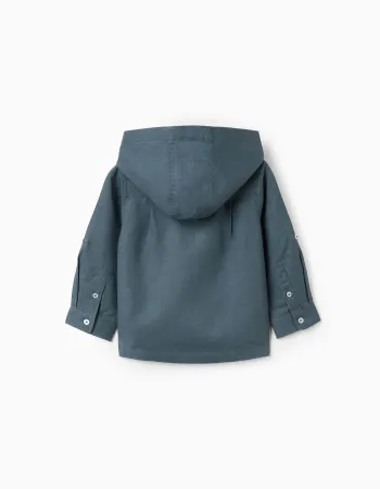 Long sleeve shirt in linen and cotton with hood for baby boys, blue-grey