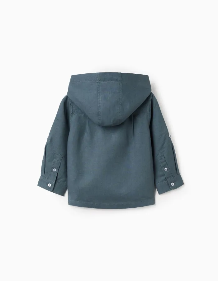 Long sleeve shirt in linen and cotton with hood for baby boys, blue-grey