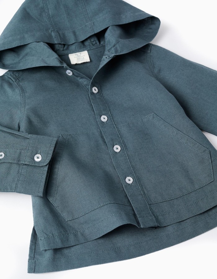 Long sleeve shirt in linen and cotton with hood for baby boys, blue-grey