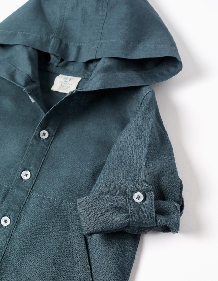 Long sleeve shirt in linen and cotton with hood for baby boys, blue-grey