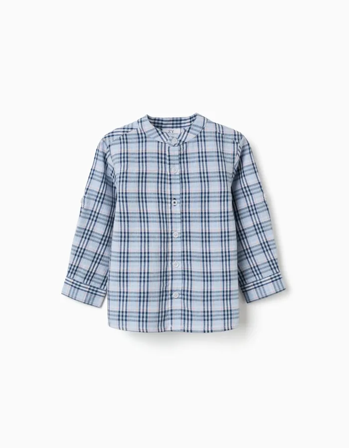 Cotton checked shirt with roll-up sleeves B&S for baby boys, blue