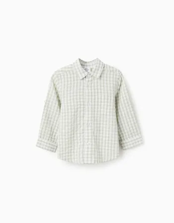 Long sleeve cotton shirt with Vichy pattern B&S for baby boys, white/green