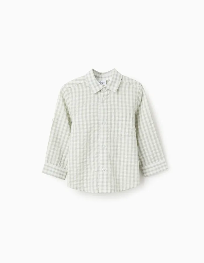 Long sleeve cotton shirt with Vichy pattern B&S for baby boys, white/green