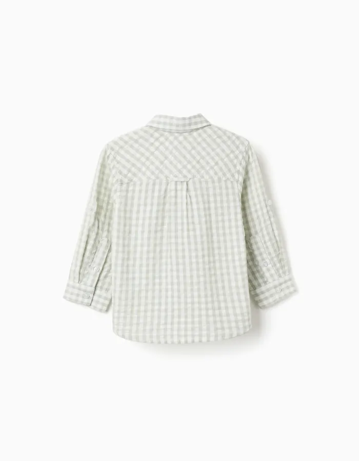 Long sleeve cotton shirt with Vichy pattern B&S for baby boys, white/green