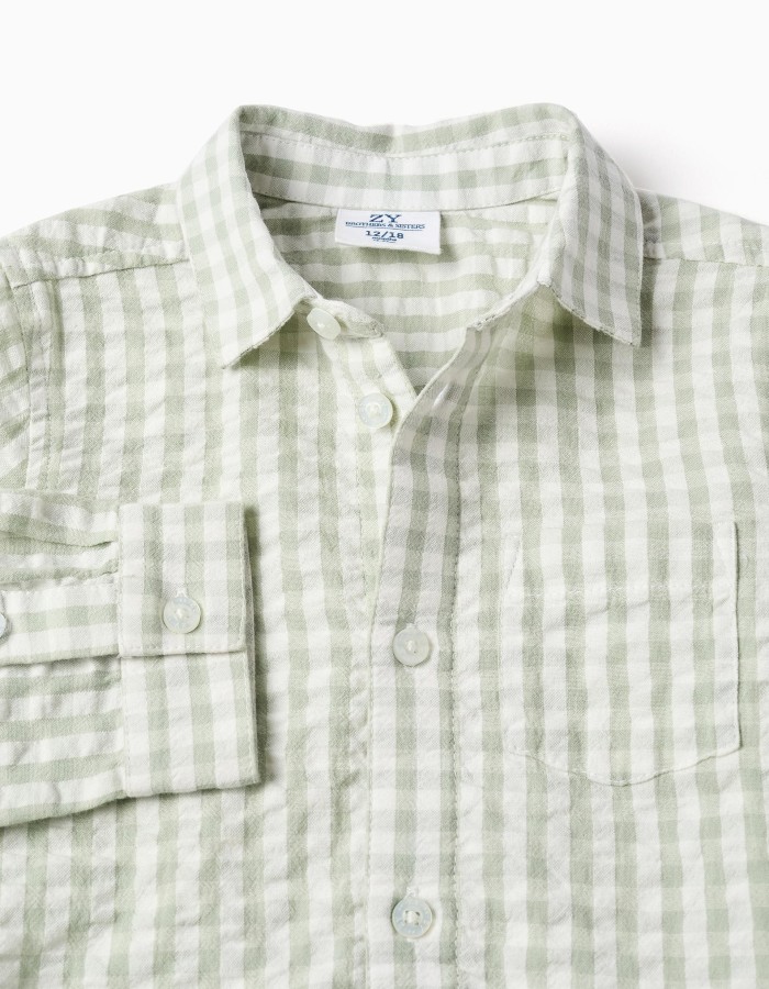 Long sleeve cotton shirt with Vichy pattern B&S for baby boys, white/green