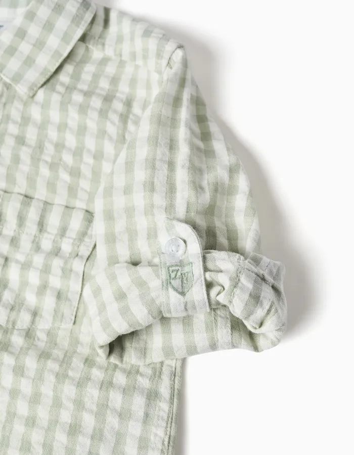 Long sleeve cotton shirt with Vichy pattern B&S for baby boys, white/green