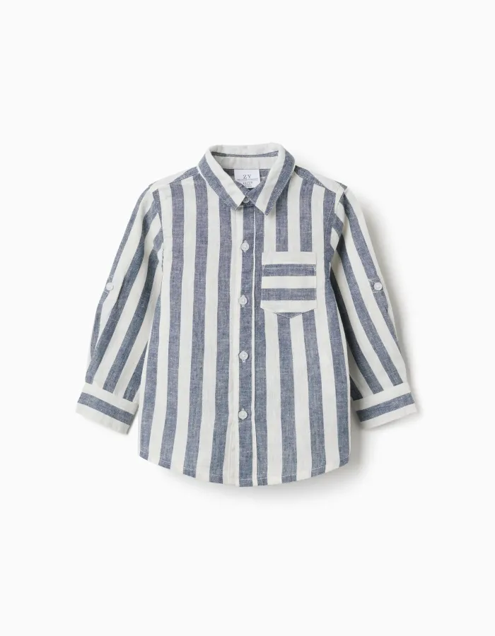 Striped cotton and linen shirt You&Me for baby boys, white/blue