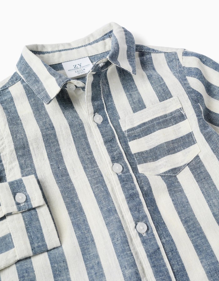 Striped cotton and linen shirt You&Me for baby boys, white/blue