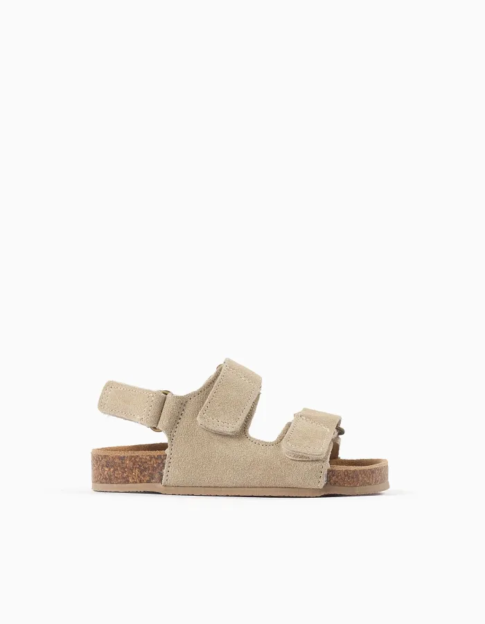 Suede footbed sandals with cork insole for baby boys, beige