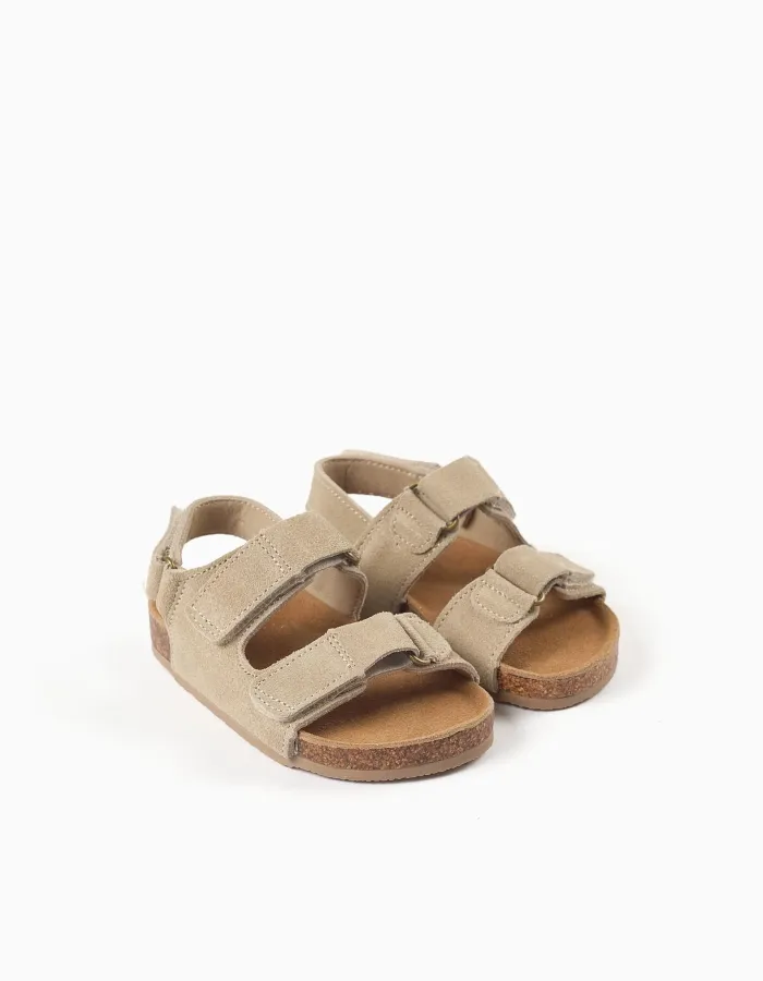Suede footbed sandals with cork insole for baby boys, beige
