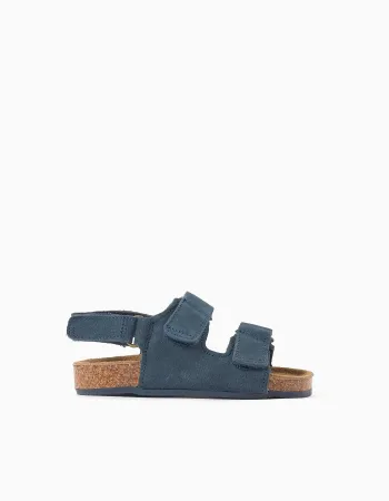 Suede footbed sandals with cork insole for baby boys, dark blue