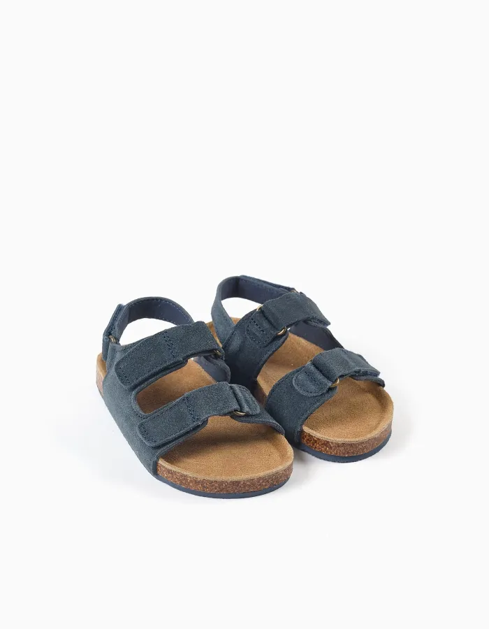 Suede footbed sandals with cork insole for baby boys, dark blue