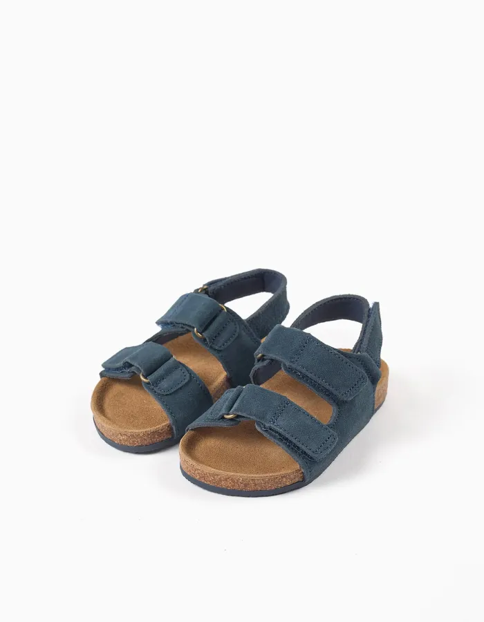 Suede footbed sandals with cork insole for baby boys, dark blue