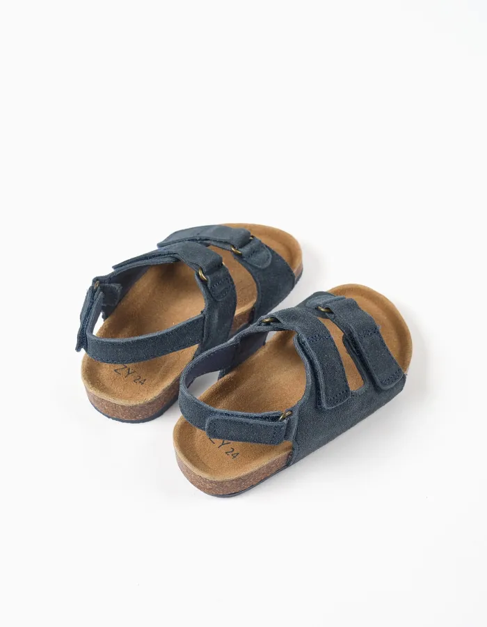 Suede footbed sandals with cork insole for baby boys, dark blue