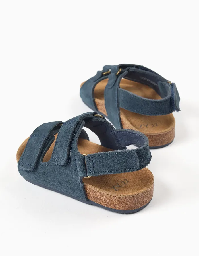 Suede footbed sandals with cork insole for baby boys, dark blue