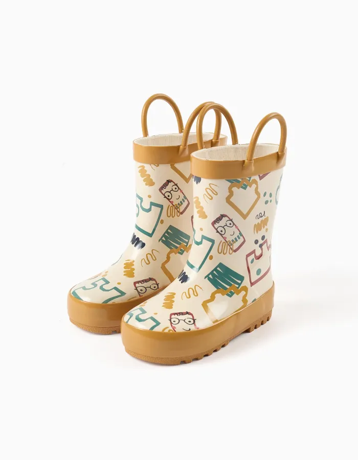 Rubber handle wellies with print for baby boys, light beige/yellow