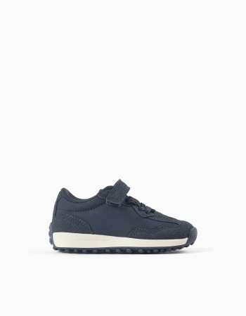 Dual-fabric trainers with non-slip sole for baby boys, dark blue