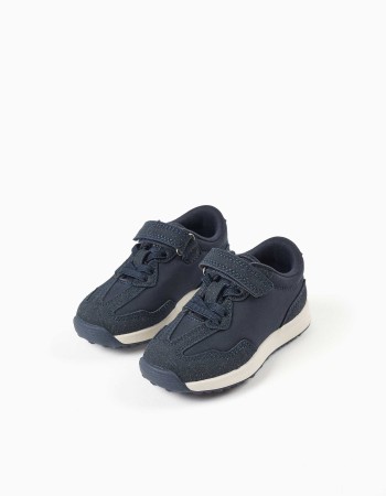 Dual-fabric trainers with non-slip sole for baby boys, dark blue