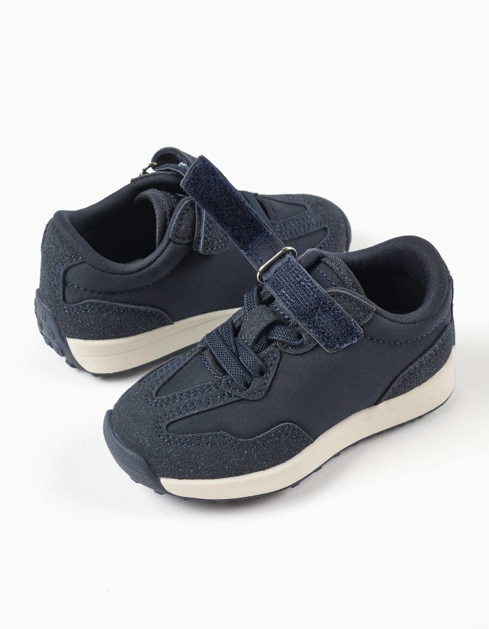 Dual-fabric trainers with non-slip sole for baby boys, dark blue