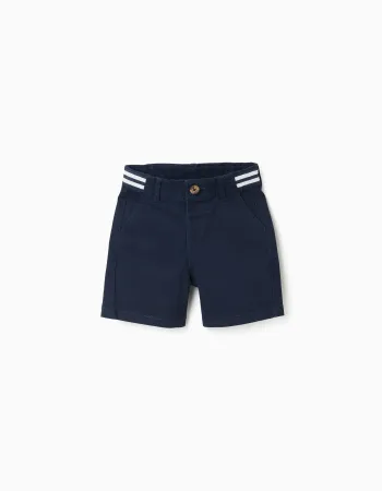 Dark blue baby boy twill chino shorts with striped band