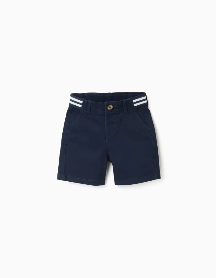 Dark blue baby boy twill chino shorts with striped band