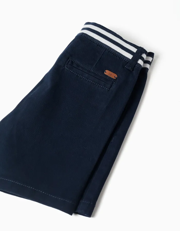 Dark blue baby boy twill chino shorts with striped band