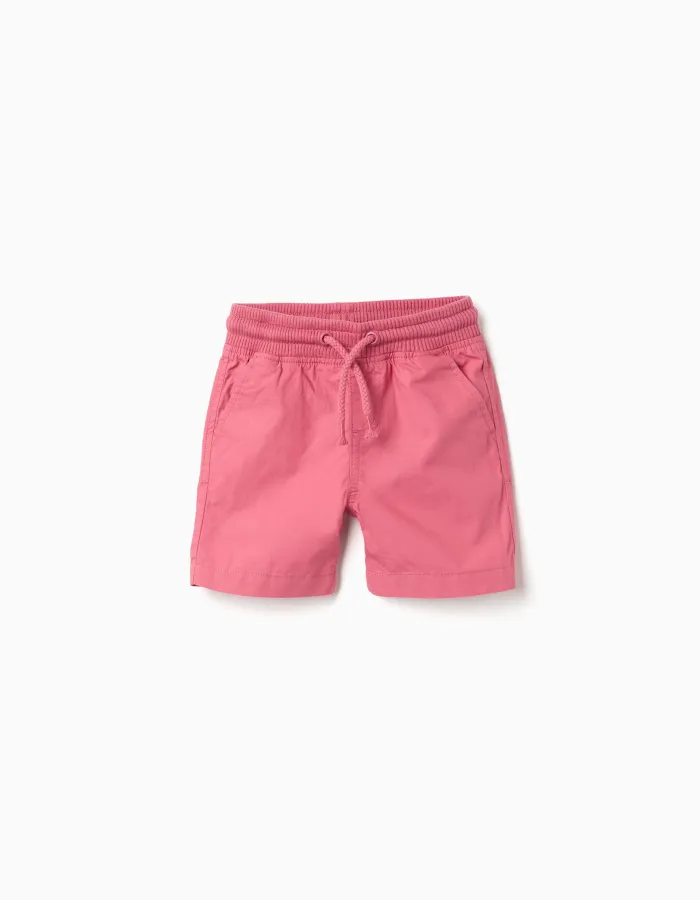 Midi poplin shorts with drawstring and pockets for baby boys, dark pink