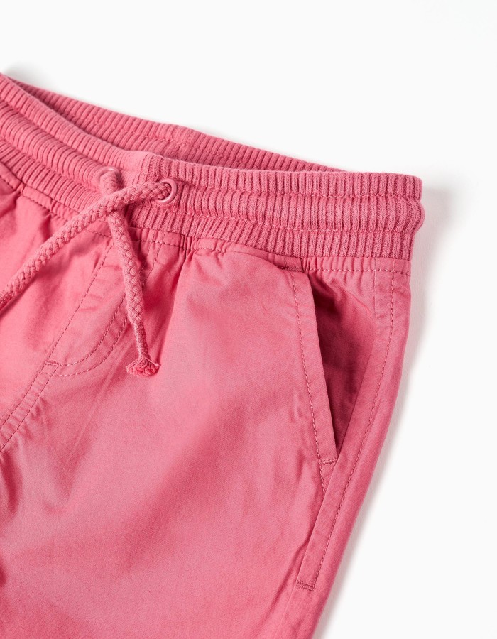 Midi poplin shorts with drawstring and pockets for baby boys, dark pink