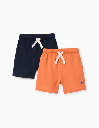 Pack of 2 cotton shorts with drawstring for baby boys, orange/blue