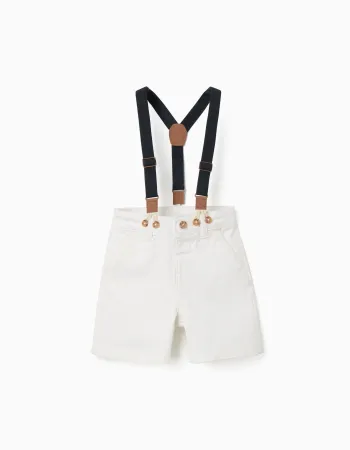 Midi twill shorts with removable braces for baby boys, white