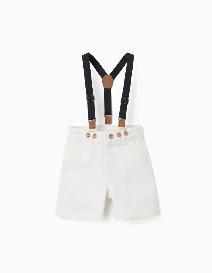 Midi twill shorts with removable braces for baby boys, white