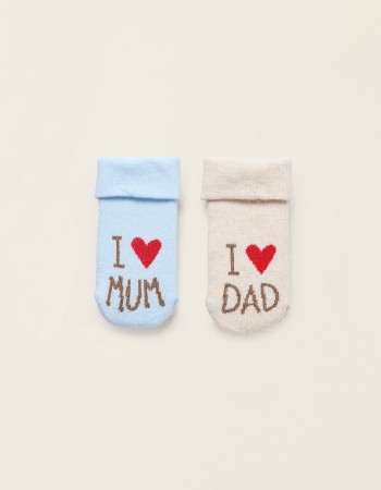 Pack 2 Pairs of Thick Socks for Newborns and Babies 'Mum&Dad', Beige/Blue
