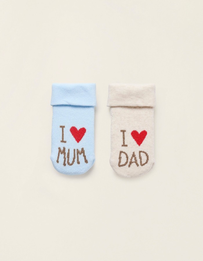 Pack 2 Pairs of Thick Socks for Newborns and Babies 'Mum&Dad', Beige/Blue
