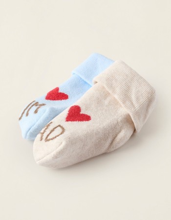 Pack 2 Pairs of Thick Socks for Newborns and Babies 'Mum&Dad', Beige/Blue