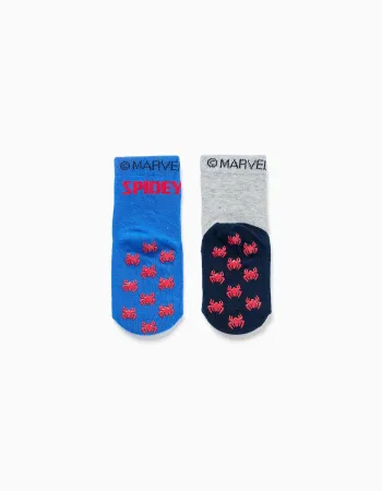2 non-slip socks with Spidey print for newborn and baby boys, blue/grey