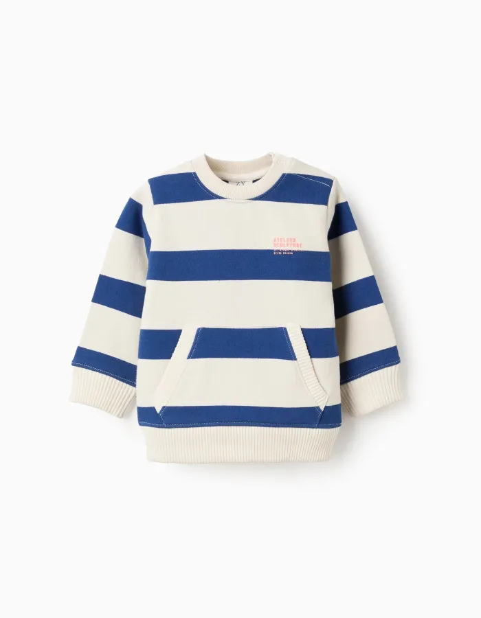 Striped sweatshirt with kangaroo pocket for baby boys, blue/white