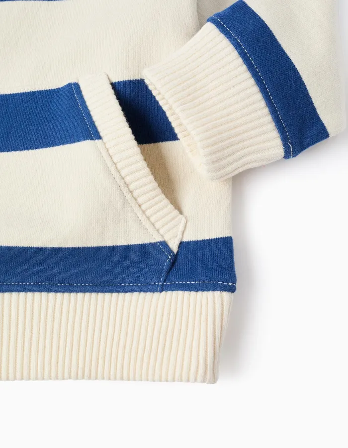 Striped sweatshirt with kangaroo pocket for baby boys, blue/white