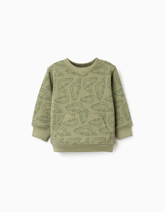 Cotton sweatshirt with chameleon motif for baby boys, dark green